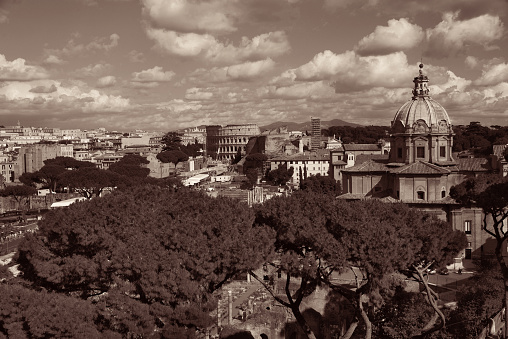 Rome rooftop view with ancient architecture in Italy.