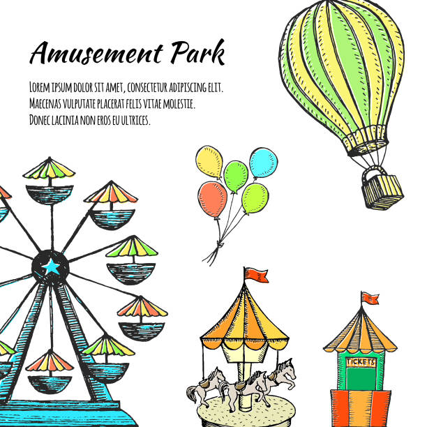 Amusement park hand drawn vector illustration. Colorful sketches attractions, ferris wheel, carousel, ice cream, air balloon for flyer, web banner. Amusement park hand drawn vector illustration. Colorful sketches attractions, ferris wheel, carousel, ice cream, air balloon for flyer, web banner. balloon drawings stock illustrations