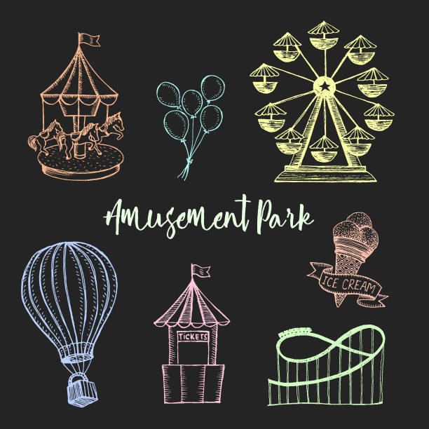 Amusement park hand drawn vector illustration. Colorful sketches ferris wheel, carousel, ice cream, air balloon Amusement park hand drawn vector illustration. Colorful sketches ferris wheel, carousel, ice cream, air balloon ferris wheel stock illustrations