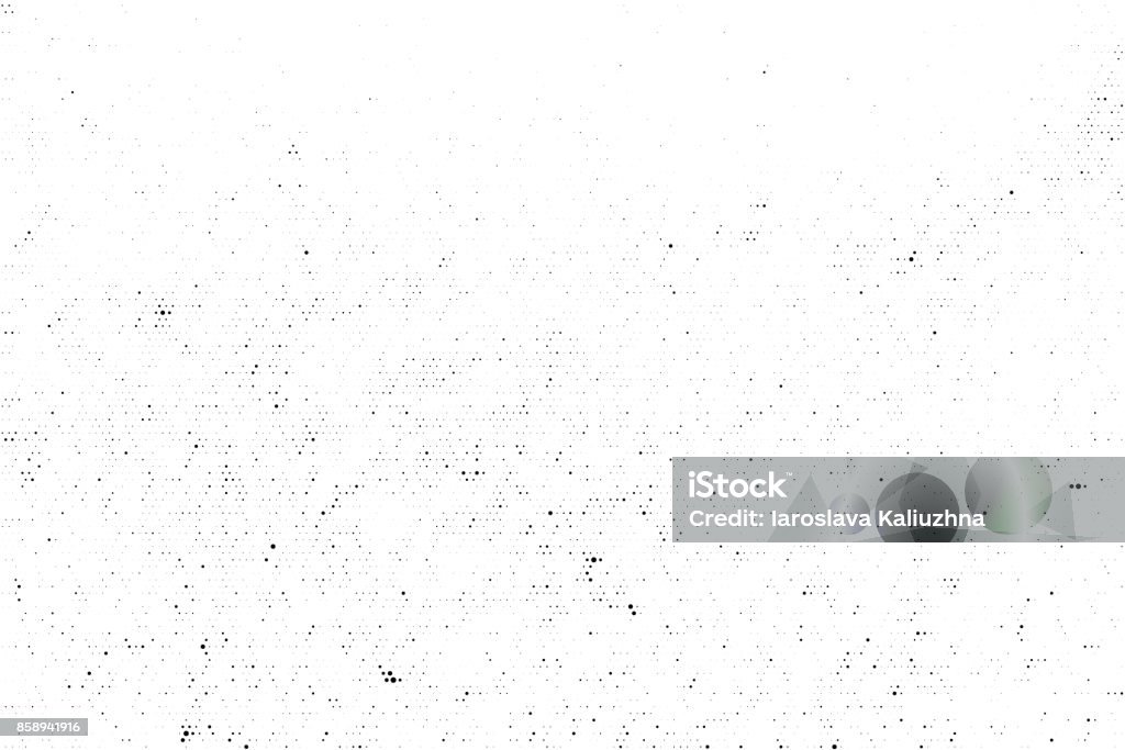 Sottile sovrapposizione di texture vettoriale mezzetono nera. Sfondo bianco splattered astratto monocromatico. Sfondo grunge grintoso in grana punteggiata in bianco e nero. Effetto sporco punto e cerchio. - arte vettoriale royalty-free di Texture - Descrizione generale