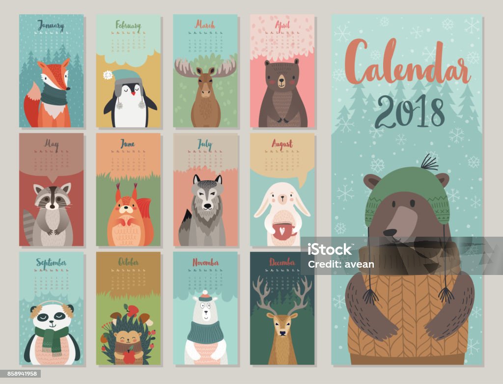 Cute monthly calendar with forest animals. Calendar 2018. Cute monthly calendar with forest animals. Animal stock vector