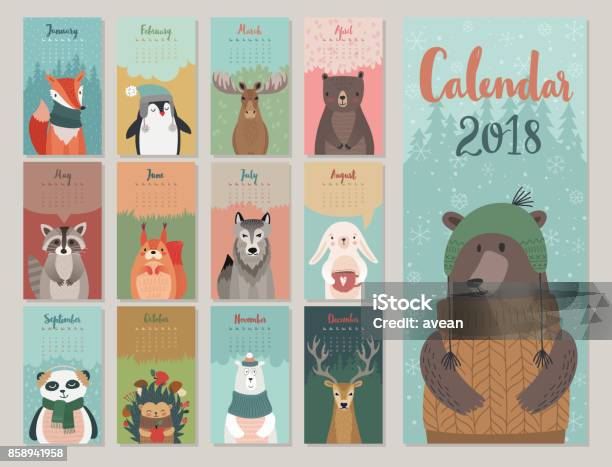 Cute Monthly Calendar With Forest Animals Stock Illustration - Download Image Now - Animal, Cartoon, Fox
