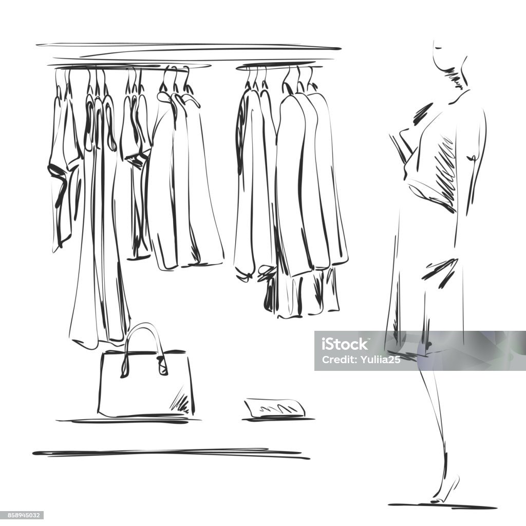 Hand drawn wardrobe sketch. Clothes on the hangers. Mannequin in the shop Hand drawn wardrobe sketch. Clothes on the hangers. Mannequin Adult stock vector