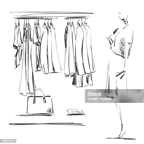 Hand Drawn Wardrobe Sketch Clothes On The Hangers Mannequin In The Shop Stock Illustration - Download Image Now