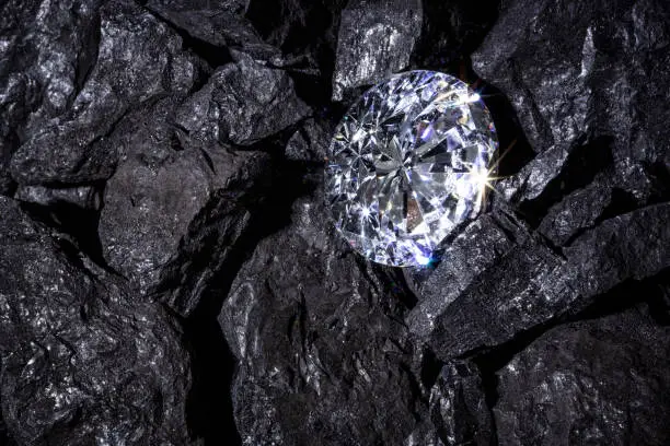 A single solitaire Diamond in amongst some pieces of coal.