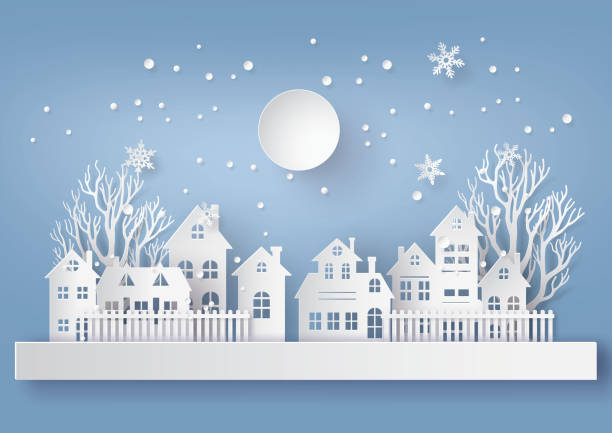 ful lmoon 겨울 눈 도시 시골 풍경 도시 마 - christmas village urban scene winter stock illustrations