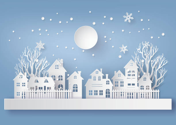 ilustrações, clipart, desenhos animados e ícones de inverno neve urban paisagem paisagem cidade aldeia com ful lmoon - cidade papel