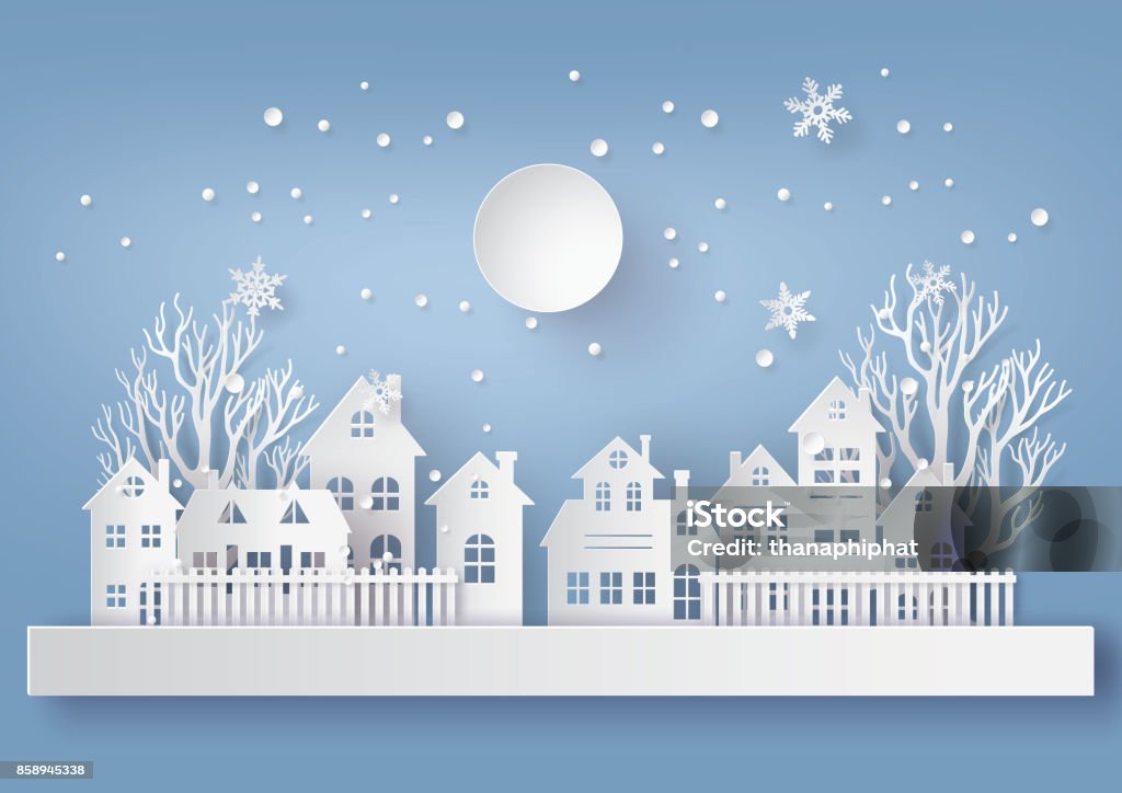 Winter Snow Urban Countryside Landscape City Village with ful lmoon Winter Snow Urban Countryside Landscape City Village with full moon,Happy new year and Merry christmas,paper art and craft style. Christmas stock vector