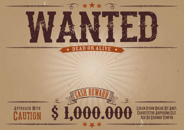 Wanted Vintage Western Poster Illustration of a vintage old elegant horizontal wanted placard poster template, with dead or alive inscription, money cash reward as in western movies bounty hunter stock illustrations