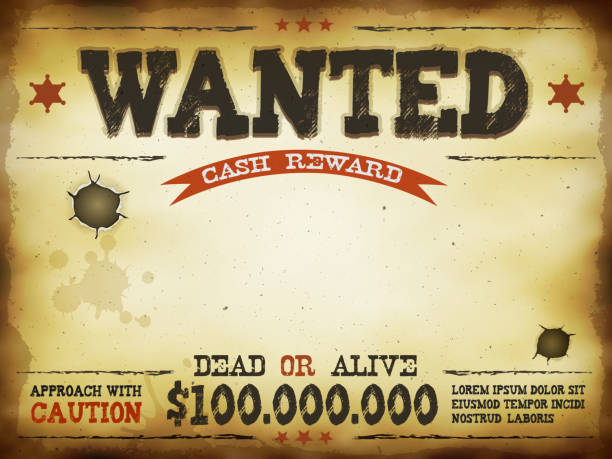 Wanted Vintage Western Poster Illustration of a vintage old wanted horizontal placard poster template, with dead or alive inscription, 100 000 000 dollars cash reward as in far west and western movies bounty hunter stock illustrations