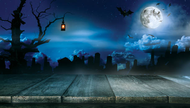 istock Spooky halloween background with empty wooden planks 858952224
