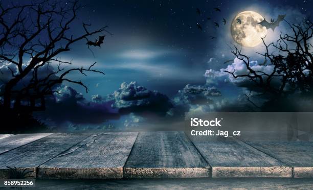Spooky Halloween Background With Empty Wooden Planks Stock Photo - Download Image Now