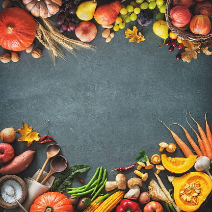 Thanksgiving day or seasonal autumnal background with pumpkins, vegetables and fruits on stone background. Frame with copy space for text