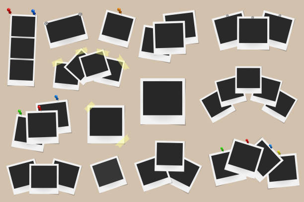 istock Set of realistic vector photo frames on sticky tape, pins and rivets isolated on beige background. Template photo design. Vector illustration 858959348