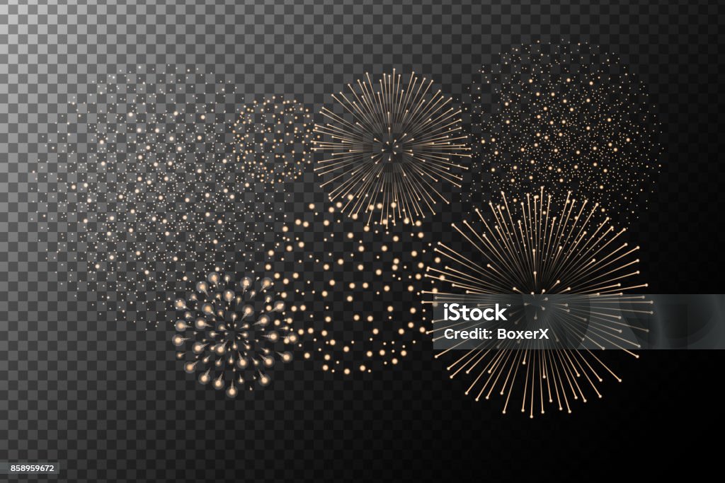 Fogos de artifício isolados em fundo transparente. Conceito do dia da independência. Fundo de festividades e feriados. Ilustração vetorial - Vetor de Fogos de Artifício - Objeto manufaturado royalty-free