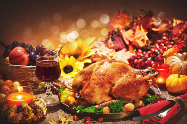 Roasted whole turkey on festive table for Thanksgiving Day stock photo