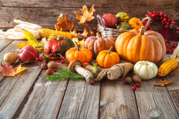 istock Autumn still life with pumpkins, corncobs, fruits and leaves 858959880