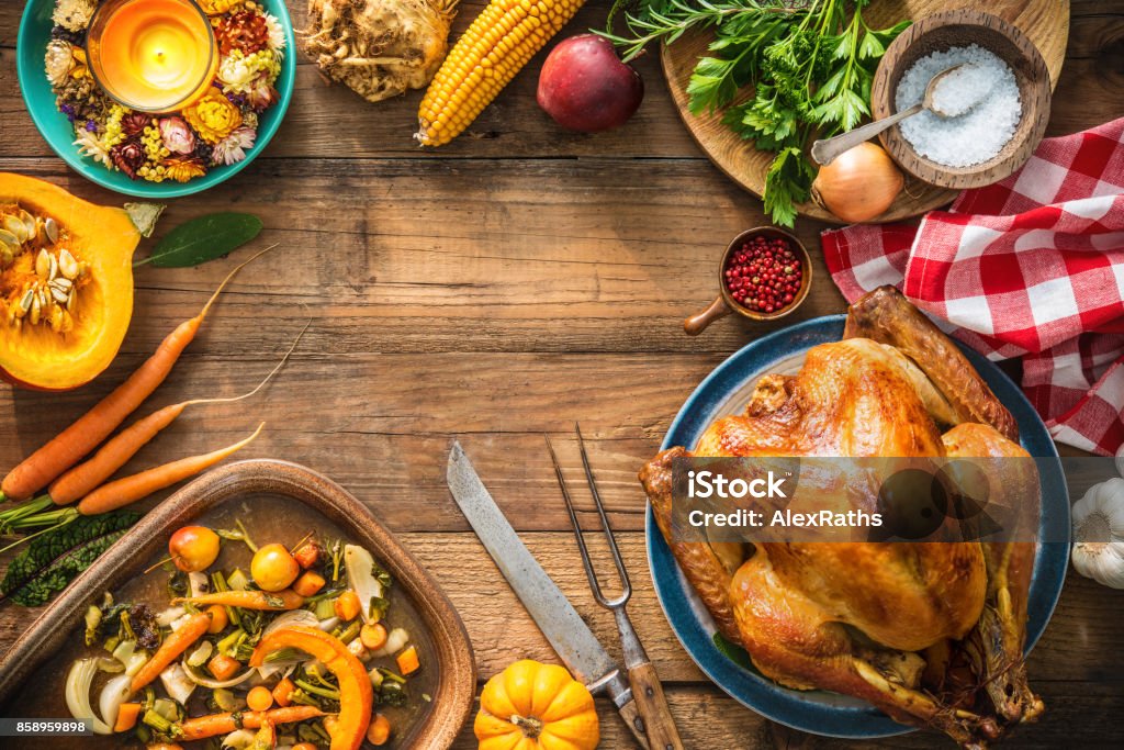 Christmas or Thanksgiving turkey Christmas or Thanksgiving turkey on rustic wooden table Thanksgiving - Holiday Stock Photo
