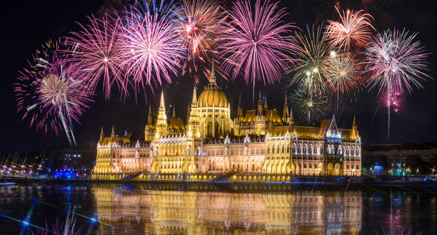 istock Budapest at night with fireworks on the black sky. View from danube river, Hungary 858967412
