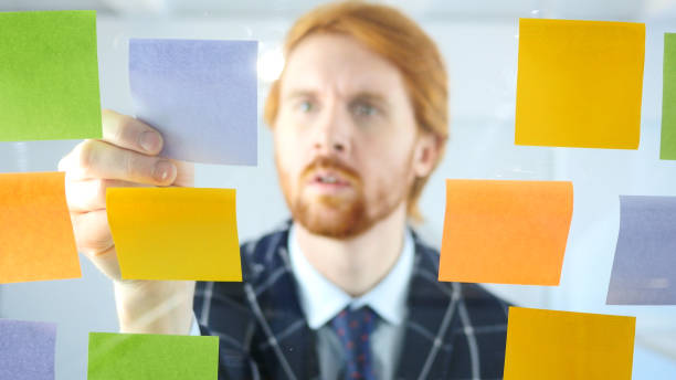 istock Redhead Man Working On Sticky Notes Attached on Glass in Office 858971124