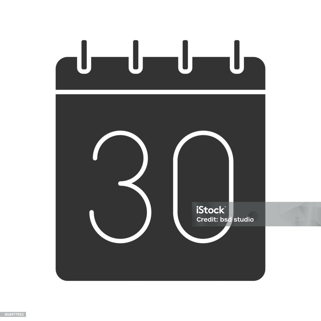 Thirtieth day of month icon Thirtieth day of month glyph icon. Vector silhouette. Calendar with 30 sign Calendar stock vector
