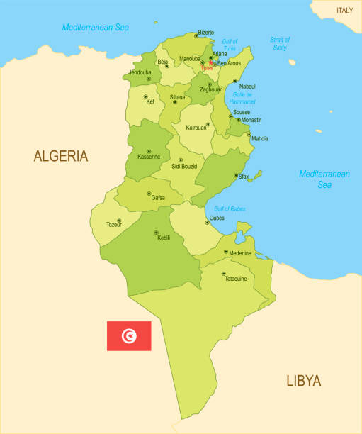 Flat map of Tunisia with flag. Detailed map of Tunisia with surroundings, provinces, capital and flag. tunisia stock illustrations