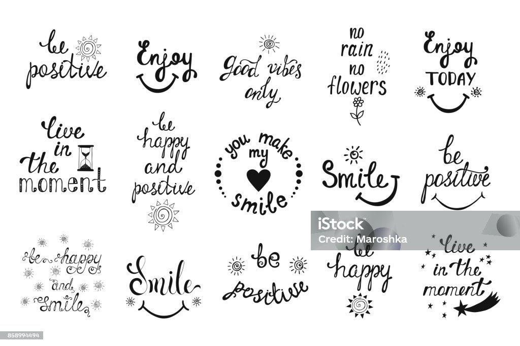 Vector set of hand drawn calligraphy phrases. Positive typography design. Vector set of hand drawn calligraphy phrases. Positive typography design. Motivation and inspiration quotes for postcards, greeting cards, prints, posters. Sayings stock vector