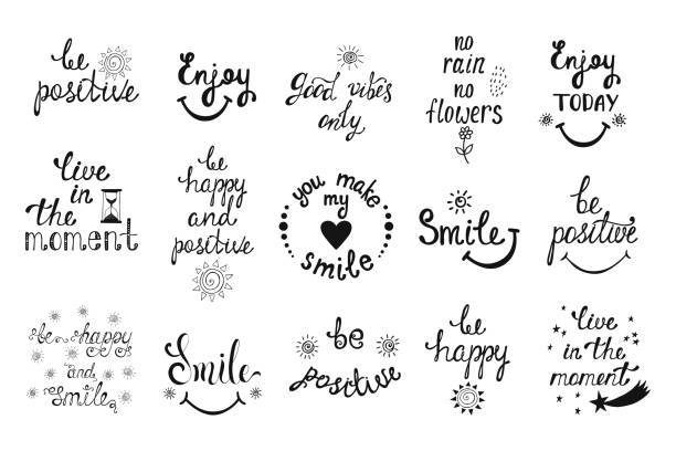 Vector set of hand drawn calligraphy phrases. Positive typography design. Vector set of hand drawn calligraphy phrases. Positive typography design. Motivation and inspiration quotes for postcards, greeting cards, prints, posters. sayings stock illustrations