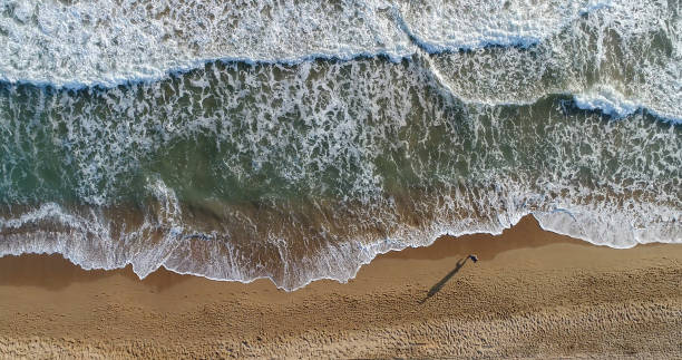 istock High angle view of man jogging on the beach 859001182