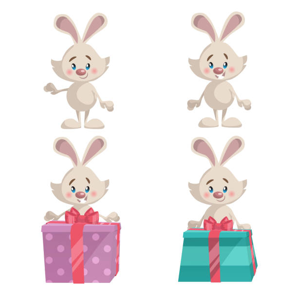 ilustrações, clipart, desenhos animados e ícones de desenhos animados da moda estilo bonito, rindo e sorrindo mascote coelho com caixa de presente. coleção de ilustração do vetor de gradiente simples. - easter rabbit baby rabbit mascot