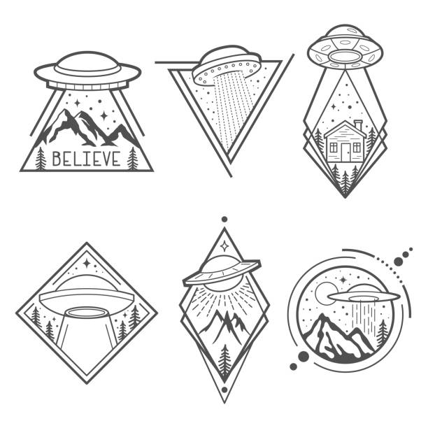 Set of six UFO emblems, labels, badges or icon,
s. Mystical symbol paranormal phenomena, first contact, invasion of aliens Set of six UFO vector emblems, labels, badges or icon, extrasolar planet stock illustrations