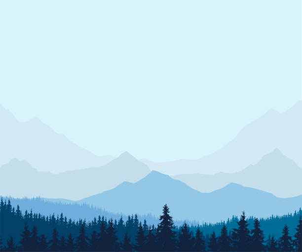 ilustrações, clipart, desenhos animados e ícones de vista panorâmica da montanha do inverno da paisagem com a floresta e com espaço para texto, ilustração vetorial - wilderness area usa tree day