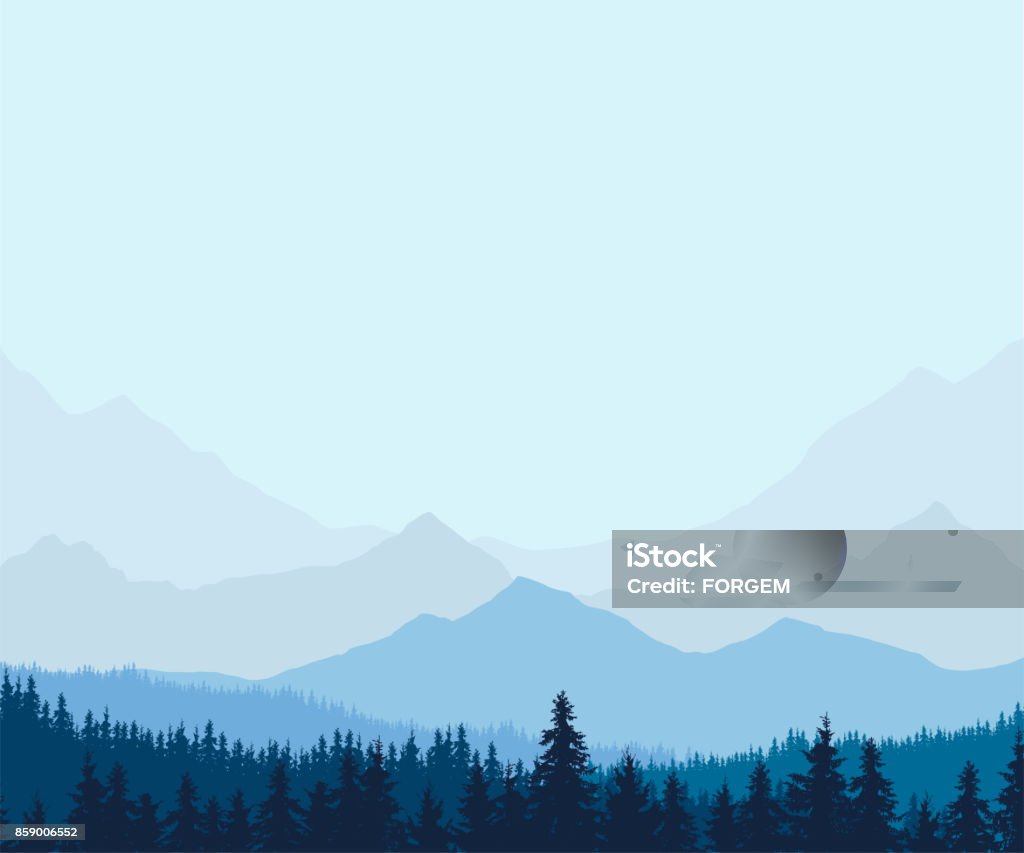 Panoramic view of winter mountain landscape with forest and with space for text, vector illustration Mountain stock vector