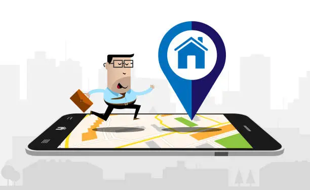 Vector illustration of Running businessman on a smartphone with a map displayed