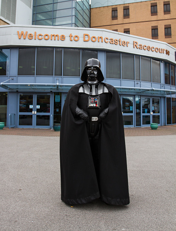 Doncaster Racecourse, South Yorkshire, UK - October 7, 2017.  A group of Comic Con characters from the Star Wars movie franchise standing at the entrance to Doncaster racecourse in South Yorkshire, UK whilst welcoming cosplayers to the first Monster Comic Con event