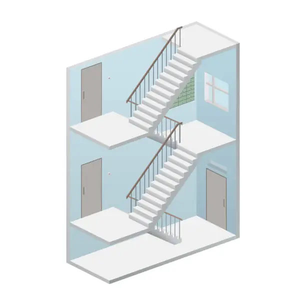 Vector illustration of Isometric staircase. Entrance in home. Interior with ladder and entrance apartment.