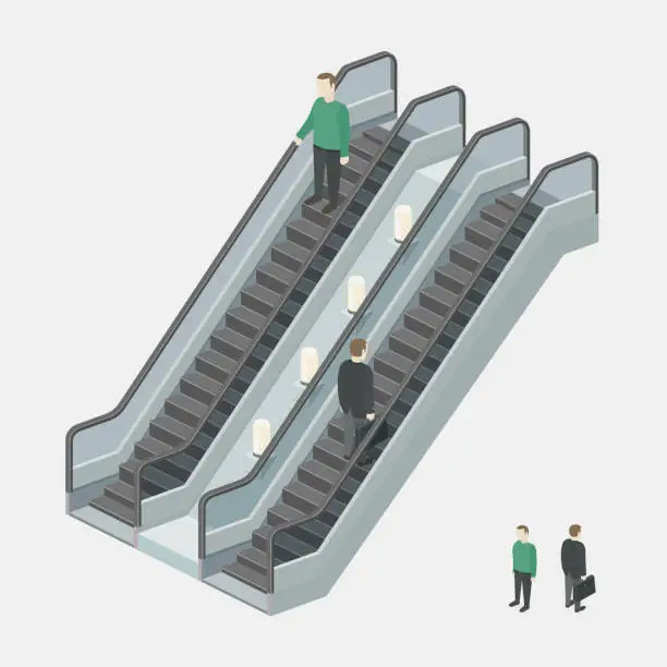 Vector illustration of Escalator with people. Businessman on escalator.