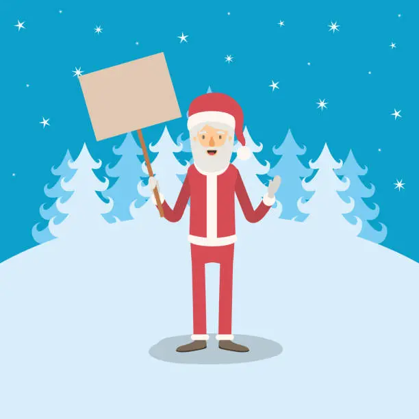 Vector illustration of blue winter landscape background with full body caricature of santa claus with a wooden sign poster