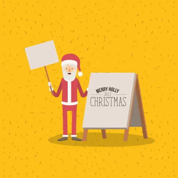 Vector illustration of color poster with sparks with full body caricature of santa claus with wooden sign in hand and placard with merry holly jolly christmas