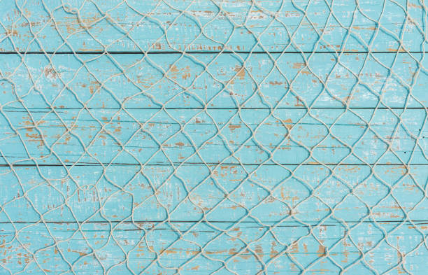 pêche de texture net sur bois bleu clair, fond maritime - filet de pêche photos et images de collection