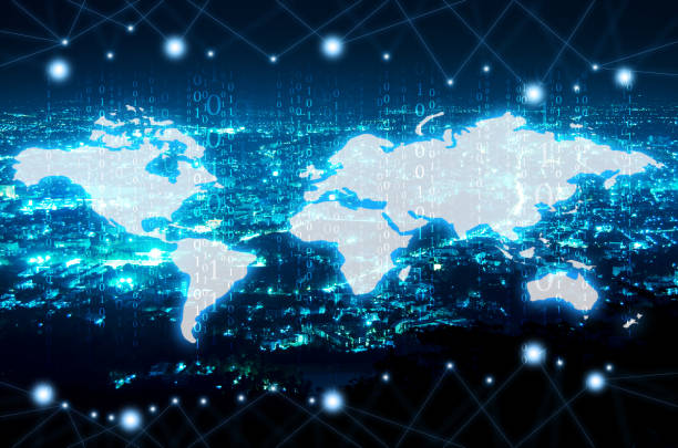 istock abstract line connection and digital world map over night city background 859029252