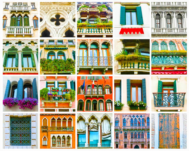 Colorful collage made of old windows from Venice, Italy