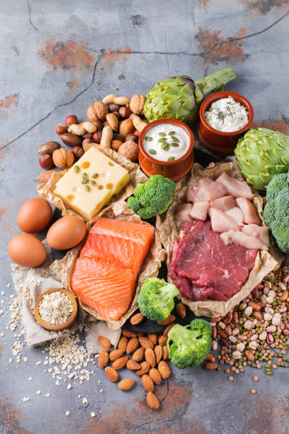 Assortment of healthy protein source and body building food Assortment of healthy protein source and body building food. Meat beef salmon chicken breast eggs dairy products cheese yogurt beans artichokes broccoli nuts oat meal. Copy space background Artichoke stock pictures, royalty-free photos & images