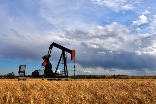 jack pompa oilfield - oil pump oil industry prairie field foto e immagini stock