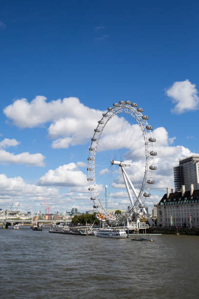 London eye and thaLondon, England - September 29, 2017: London Eye ferris wheel on the bank of the river Thames. London Eye is One of the most popular tourist attractions in the United Kingdom.mes river