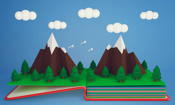 istock Pop up book with snow-capped mountains and pine forest 859050246