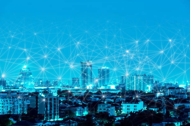 istock abstract line connection on night city background 859058112