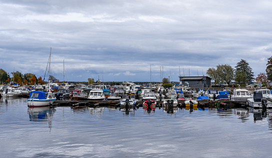 The boats in the marina of the Kotka city, Finland - October 7, 2017