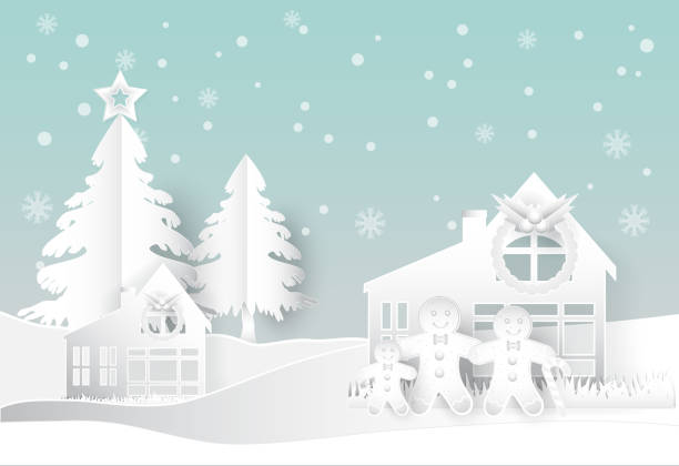 piernikowa rodzina ze śniegiem, płatek śniegu w zimie. świąteczny sezon papierowy styl sztuki - christmas tree family winter art stock illustrations