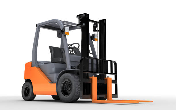 istock 3d rendering forklift truck isolated on white background. Front view 859079852